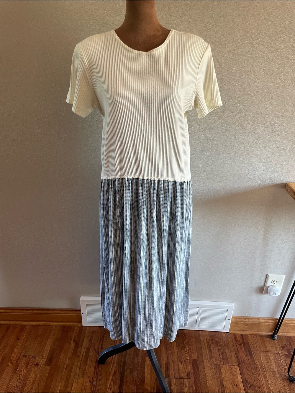 Vintage Robbie Bee Cream and Blue Two-Tone Midi Dress